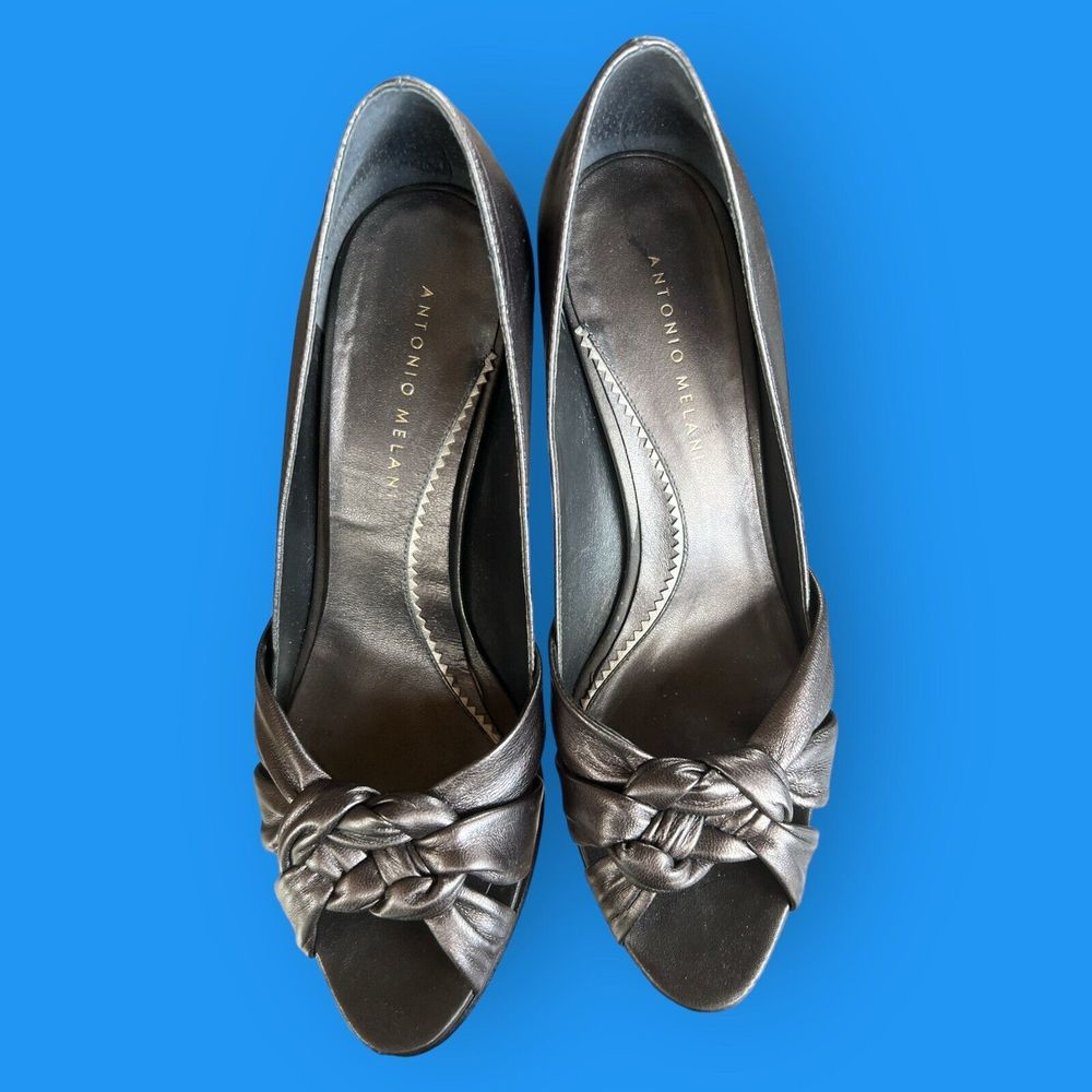 Antonio Melani  Pewter Metallic Silver Platinum Peep Toe Pumps Heels Size 8 1/2